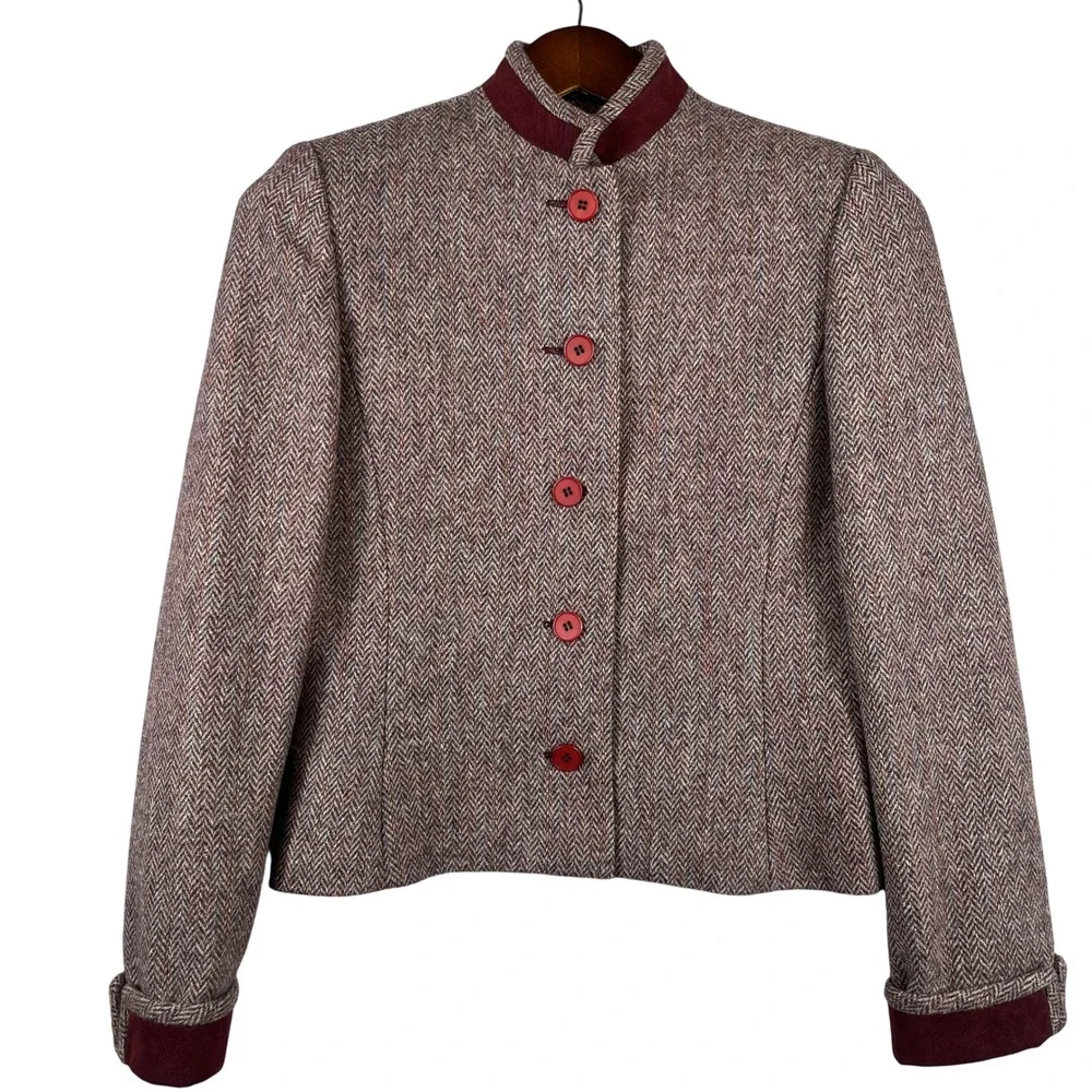 VINTAGE Raffinati Wool Blazer 8 Gray Burgundy Herringbone Lined Canada Trim
